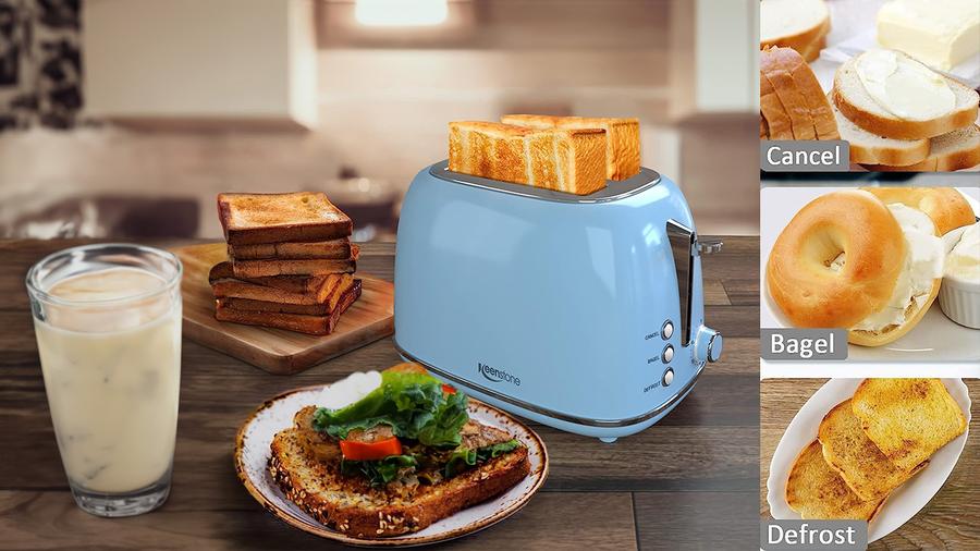 Retro Stainless Steel 2-Slice Toaster with Bagel, Cancel, Defrost Functions,Blue