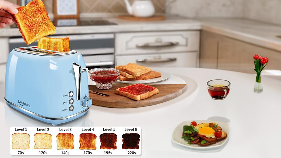 Retro Stainless Steel 2-Slice Toaster with Bagel, Cancel, Defrost Functions,Blue